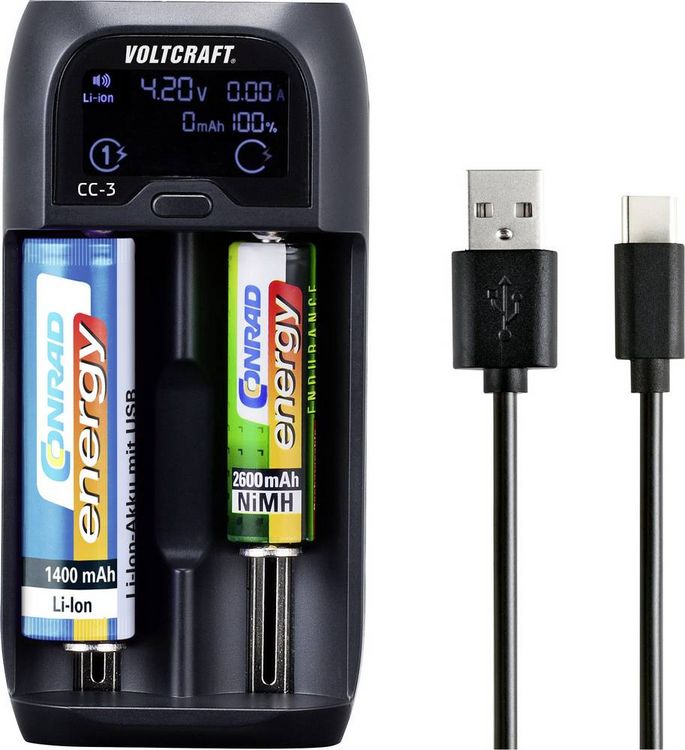 Produktbild: VOLTCRAFT CC-3 Rundzellen-Ladeger&auml;t NiMH, NiCd, LiIon, LiFePO Mini (AAAA), Micro (AAA), Mignon (AA), Baby (C), Sub-C, A, 10440, 14500, 14650, 16340,