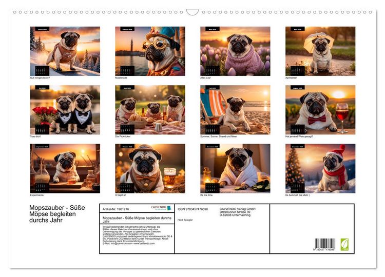 Produktbild: Mopszauber - S&uuml;&szlig;e M&ouml;pse begleiten durchs Jahr (Wandkalender 2026 DIN A2 quer), CALVENDO Monatskalender
