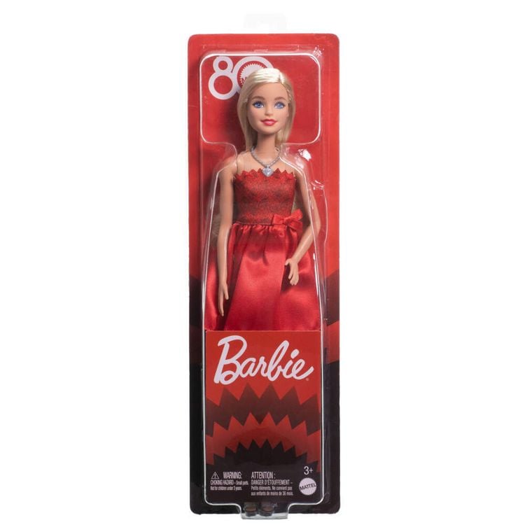 Produktbild: Rubinrote Barbie-Party-Modepuppe zum 80. Jubiläum von Mattel in einem roten Kleid mit Zubehörteilen