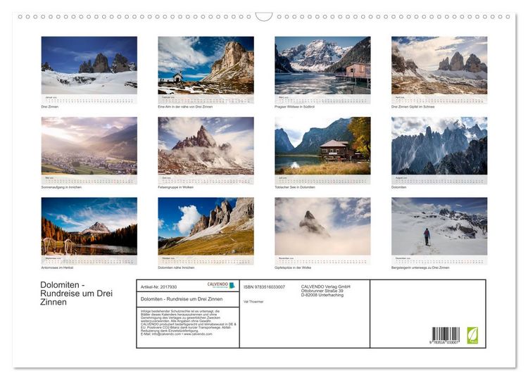 Produktbild: Dolomiten - Rundreise um Drei Zinnen (Wandkalender 2026 DIN A2 quer), CALVENDO Monatskalender