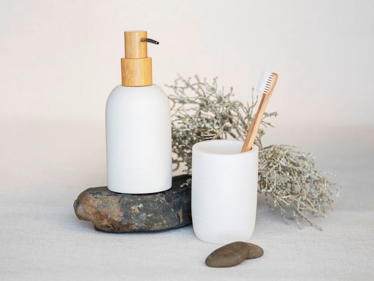 Seifenspender Bonja Wellness Dolomit Wei  450ml Mit Bambus-Deckel &  Verchromter Pumpe Fr Bad & Kche