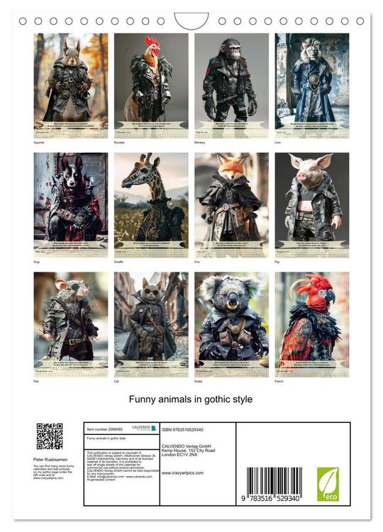 Produktbild: Funny animals in gothic style (Wall Calendar 2026 DIN A4 portrait), CALVENDO 12 Month Wall Calendar