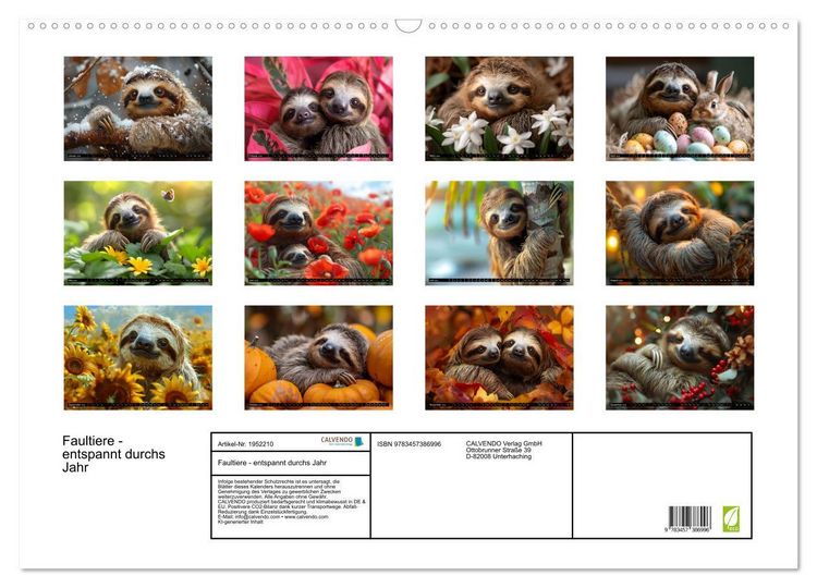 Produktbild: Faultiere - entspannt durchs Jahr (Wandkalender 2026 DIN A2 quer), CALVENDO Monatskalender