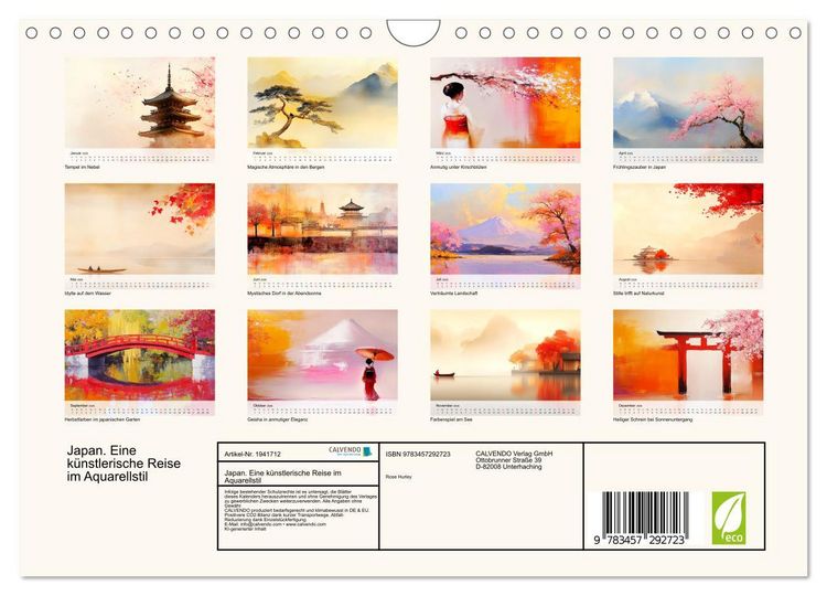 Produktbild: Japan. Eine k&uuml;nstlerische Reise im Aquarellstil (Wandkalender 2026 DIN A4 quer), CALVENDO Monatskalender