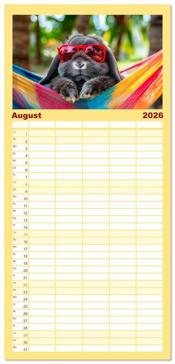 Familienplaner 2026 - Kaninchen auf Reisen mit 5 Spalten