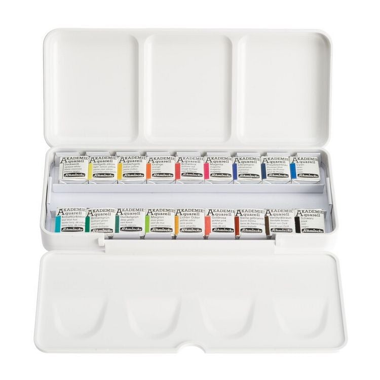 Produktbild: Schmincke AKADEMIE Aquarell Malkasten, Kunststoffset, 18 x 1/2 N&auml;pfchen mit Gummiband