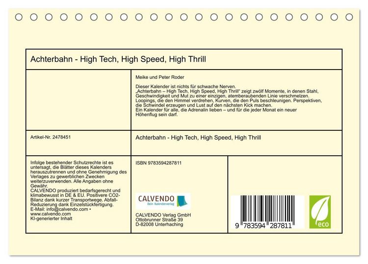 Produktbild: Achterbahn - High Tech, High Speed, High Thrill (Tischkalender 2027 DIN A5 quer), CALVENDO Monatskalender