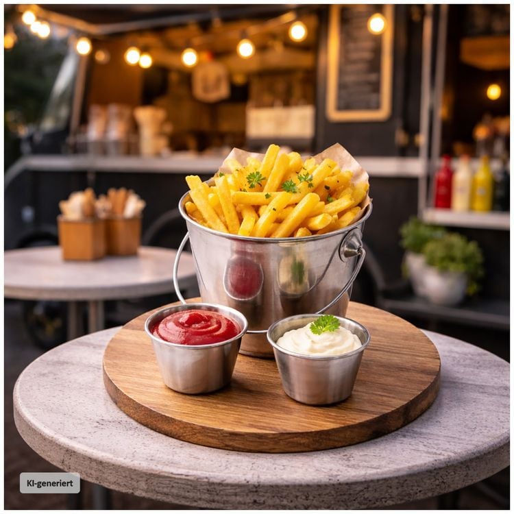 Produktbild: neuetischkultur Edelstahl Pommes Servierset Eimer mit 2 Dipschalen Snack Set modern