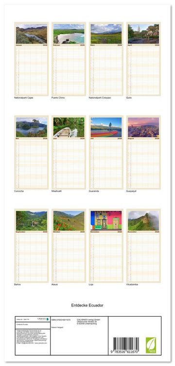 Produktbild: Familienplaner 2026 - Entdecke Ecuador mit 5 Spalten (Wandkalender, 21 x 45 cm) CALVENDO