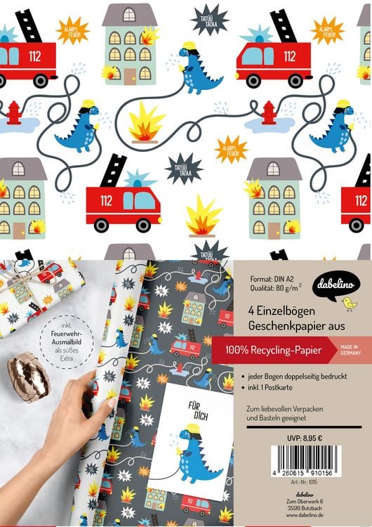 Produktbild: Geschenkpapier-Set f&uuml;r Kinder: Feuerwehr/ Dinosaurier