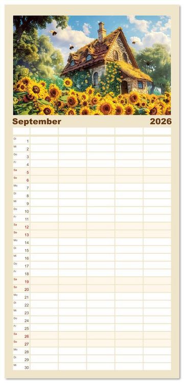 Produktbild: Familienplaner 2026 - Kleine Cottages - Romantische Fantasieh&auml;uschen mit 5 Spalten (Wandkalender, 21 x 45 cm) CALVENDO