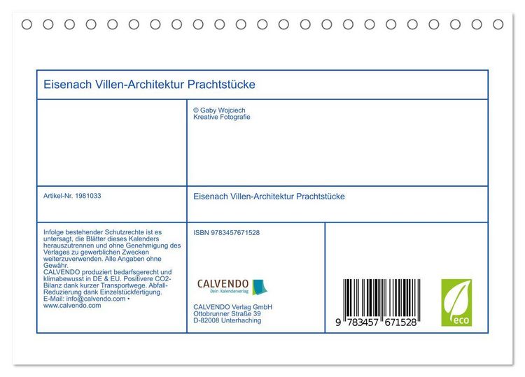 Produktbild: Eisenach Villen-Architektur Prachtst&uuml;cke (Tischkalender 2026 DIN A5 quer), CALVENDO Monatskalender