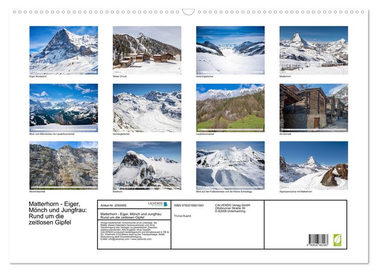 Produktbild: Matterhorn - Eiger, M&ouml;nch und Jungfrau: Rund um die zeitlosen Gipfel (Wandkalender 2026 DIN A2 quer), CALVENDO Monatskalender