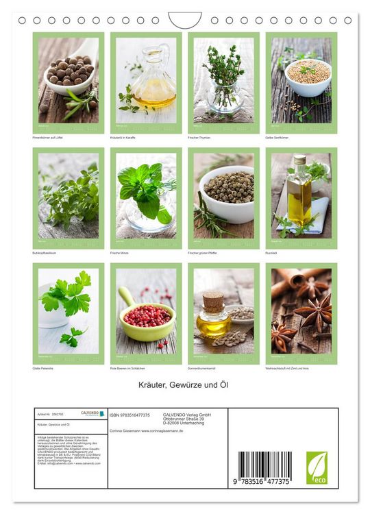 Produktbild: Kr&auml;uter, Gew&uuml;rze und &Ouml;l (Wandkalender 2026 DIN A4 hoch), CALVENDO Monatskalender