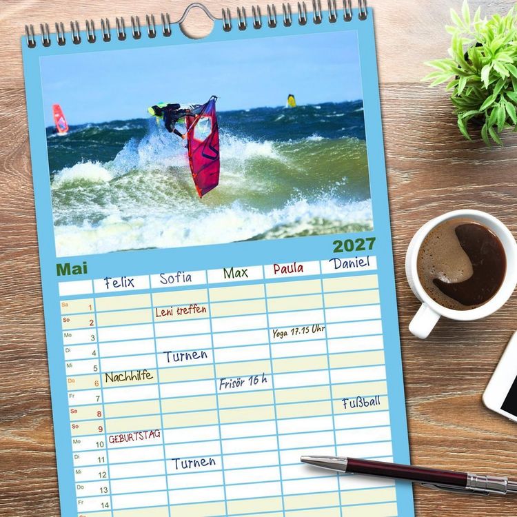 Produktbild: Familienplaner 2027 - Funsport Windsurfen mit 5 Spalten (Wandkalender, 21 x 45 cm) CALVENDO