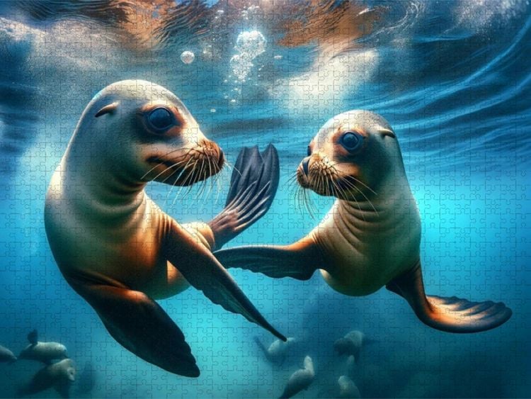 Produktbild: CALVENDO Puzzle Ein Bild das das spielerische Verhalten junger kalifornischer Seel&ouml;wen zeigt | 1000 Teile Lege-Gr&ouml;&szlig;e 64x48cm Foto-Puzzle f&uuml;r gl&uuml;cklich