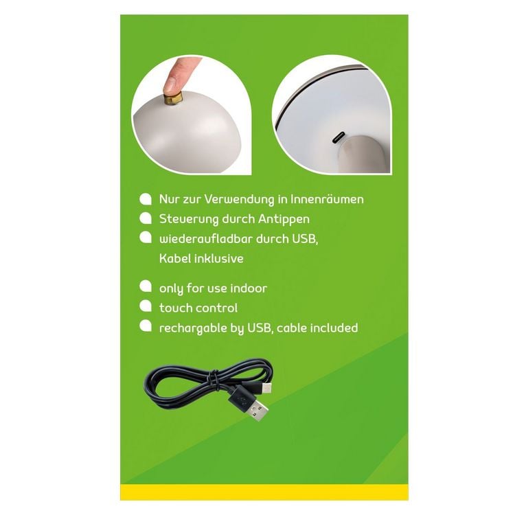 Produktbild: Idena LED Tischleuchte Touch Fado Metall grau 10x16,5cm Akku USB C dimmbar 3 Modi Innen