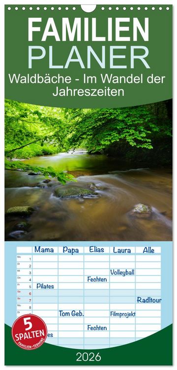 Produktbild: Familienplaner 2026 - Waldb&auml;che - Im Wandel der Jahreszeiten mit 5 Spalten (Wandkalender, 21 x 45 cm) CALVENDO