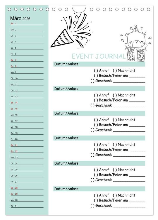 Produktbild: Geburtstagsplaner Doodle Tiere - F&uuml;r Termine, Geschenke, Eventdetails & mehr (Wandkalender 2026 DIN A4 hoch), CALVENDO Monatskalender