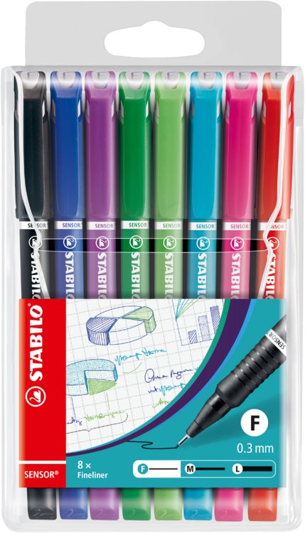Produktbild: STABILO Fineliner mit gefederter Spitze -   SENSOR F - fein - 8er Pack - mit 8 verschiedenen Farben