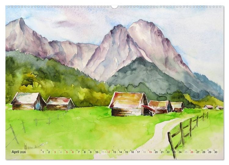 Produktbild: Malerisches Garmisch Partenkirchen - Aquarelle und Fotografien (Wandkalender 2026 DIN A2 quer), CALVENDO Monatskalender