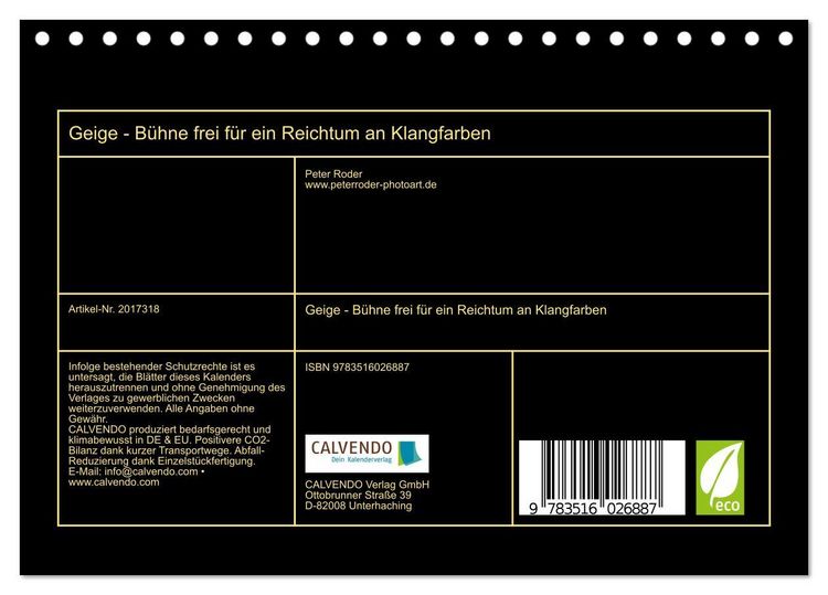 Produktbild: Geige - B&uuml;hne frei f&uuml;r ein Reichtum an Klangfarben (Tischkalender 2026 DIN A5 quer), CALVENDO Monatskalender