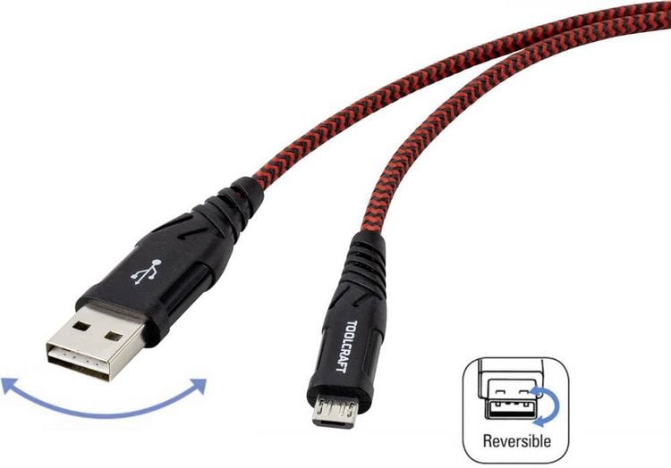 Produktbild: TOOLCRAFT USB-Kabel USB 2.0 USB-A Stecker, USB-C&reg; Stecker 2.00m Schwarz/Rot Extrem robuste Geflechtschirmung, beidseitig