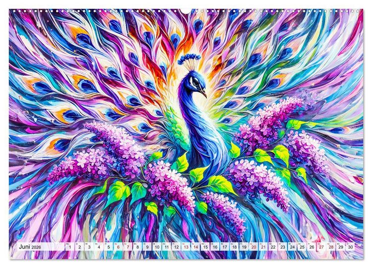 Produktbild: Tanz der Pfauen - Jahreszeiten in abstrakter Eleganz (hochwertiger Premium Wandkalender 2026 DIN A2 quer), Kunstdruck in Hochglanz