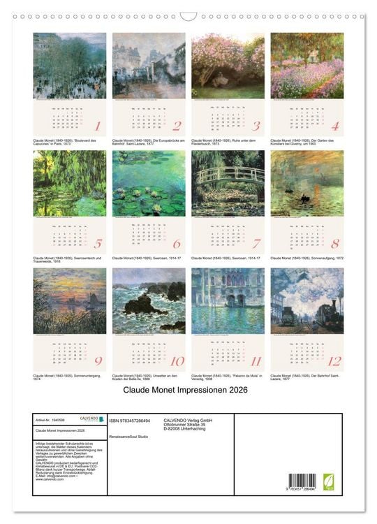 Produktbild: Claude Monet Impressionen 2026 (Wandkalender 2026 DIN A2 hoch), CALVENDO Monatskalender