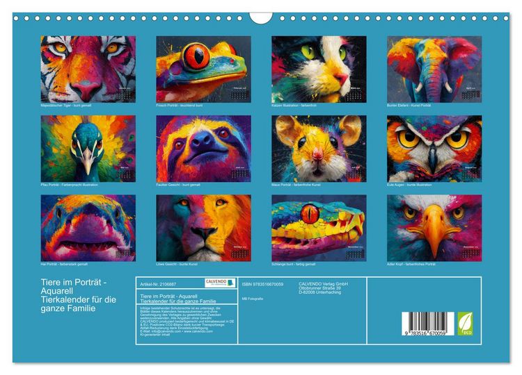Produktbild: Tiere im Portr&auml;t - Aquarell Tierkalender f&uuml;r die ganze Familie (Wandkalender 2026 DIN A3 quer), CALVENDO Monatskalender
