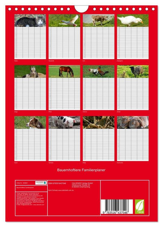 Produktbild: Bauernhoftiere Familienplaner (Wandkalender 2026 DIN A4 hoch), CALVENDO Monatskalender