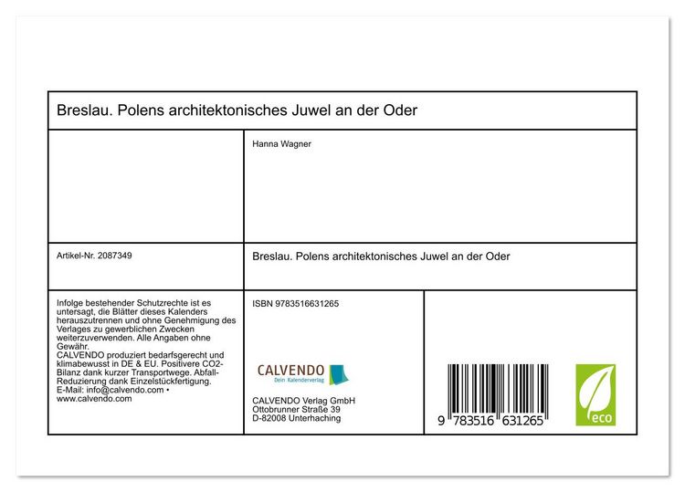 Produktbild: Breslau. Polens architektonisches Juwel an der Oder (Tischkalender 2026 DIN A5 quer), CALVENDO Monatskalender