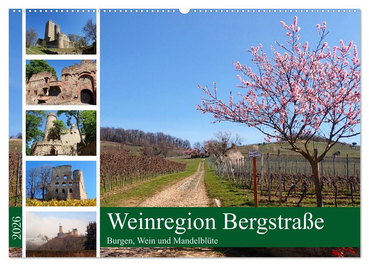 Produktbild: Weinregion Bergstra&szlig;e Burgen, Wein und Mandelbl&uuml;te (Wandkalender 2026 DIN A2 quer), CALVENDO Monatskalender