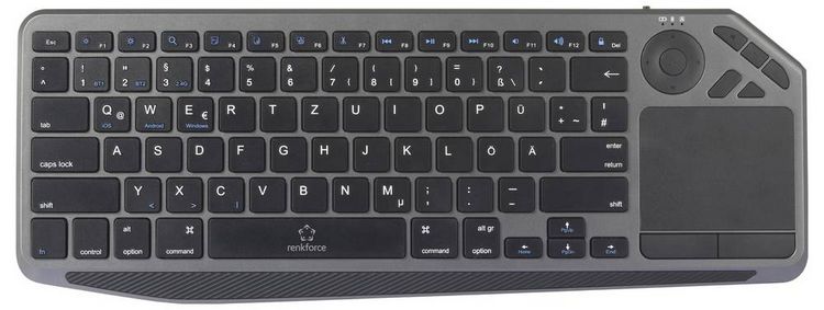 Produktbild: Renkforce RF-WLBTKB-300 Bluetooth&reg;, Funk Tastatur Deutsch, QWERTZ Schwarz Integriertes Touchpad, Wiederaufladbar, Multipair-Funktion