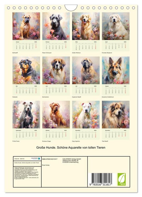 Produktbild: Gro&szlig;e Hunde. Sch&ouml;ne Aquarelle von tollen Tieren (Wandkalender 2026 DIN A4 hoch), CALVENDO Monatskalender