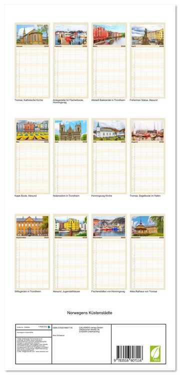 Produktbild: Familienplaner 2026 - Norwegens K&uuml;stenst&auml;dte mit 5 Spalten (Wandkalender, 21 x 45 cm) CALVENDO