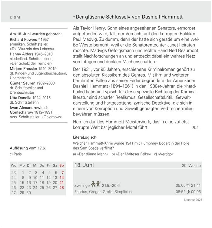 Produktbild: Literatur Tagesabrei&szlig;kalender 2026 - Kulturkalender - Autoren, Werke, H&ouml;rb&uuml;cher