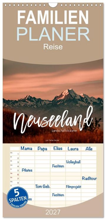Produktbild: Familienplaner 2027 - Neuseeland - Landschaftstr&auml;ume mit 5 Spalten (Wandkalender, 21 x 45 cm) CALVENDO