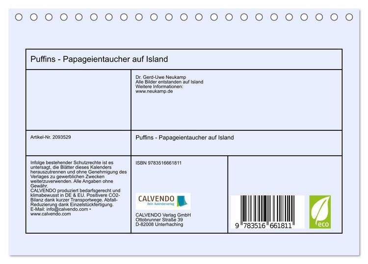 Produktbild: Puffins - Papageientaucher auf Island (Tischkalender 2026 DIN A5 quer), CALVENDO Monatskalender