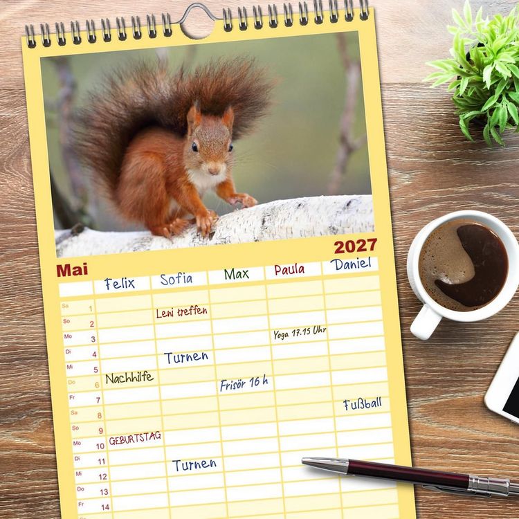 Produktbild: Familienplaner 2027 - Eichh&ouml;rnchen in zauberhaften Posen mit 5 Spalten (Wandkalender, 21 x 45 cm) CALVENDO