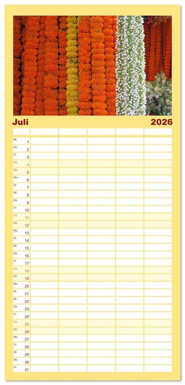 Produktbild: Familienplaner 2026 - Asien - Farbenfrohe Blumenketten mit 5 Spalten (Wandkalender, 21 x 45 cm) CALVENDO