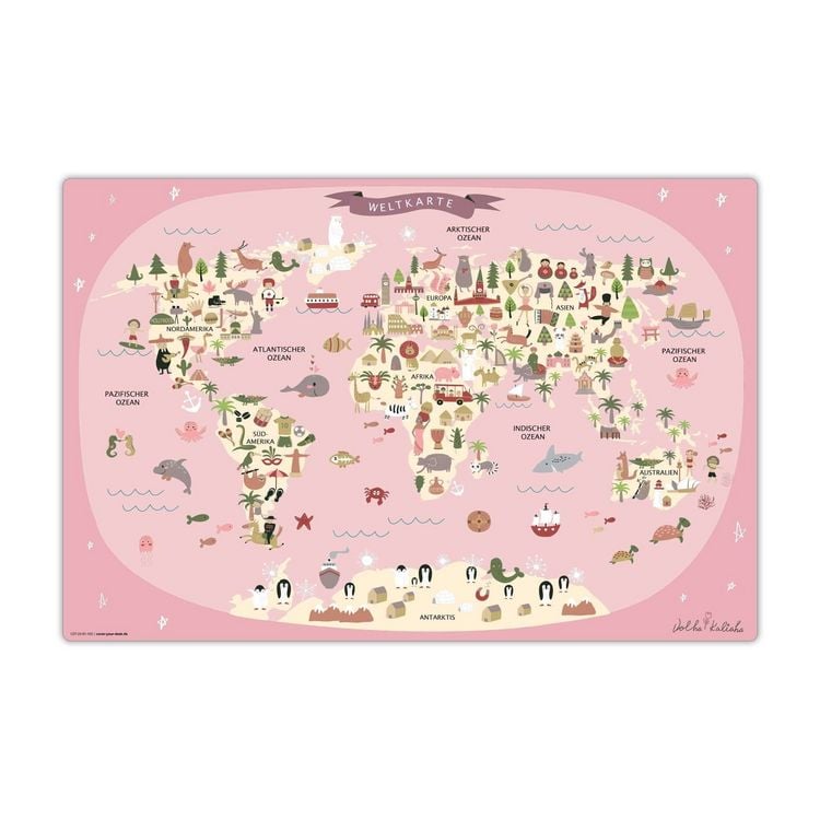 Produktbild: Cover-your-desk Schreibtischunterlage f&uuml;r Kinder Weltkarte in rosa mit Tieren in deutsch, aus hochwertigem Vinyl , 60 x 40 cm
