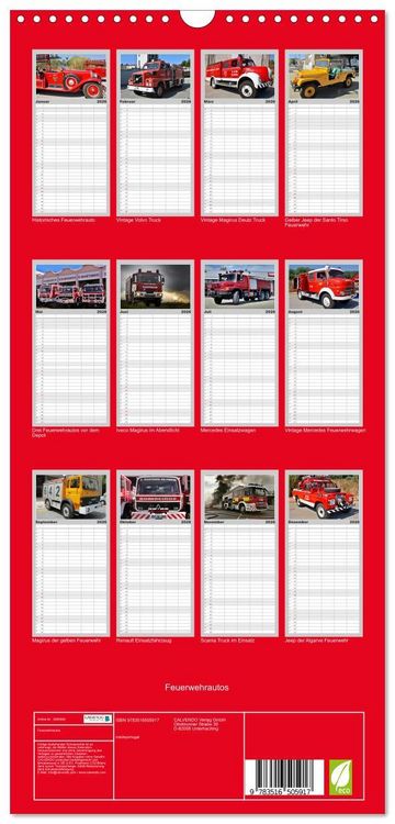 Produktbild: Familienplaner 2026 - Feuerwehrautos mit 5 Spalten (Wandkalender, 21 x 45 cm) CALVENDO