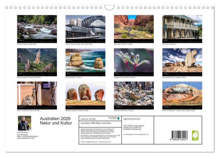 Produktbild: Australien 2026 Natur und Kultur (Wandkalender 2026 DIN A3 quer), CALVENDO Monatskalender