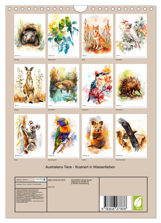Produktbild: Australiens Tiere - Illustriert in Wasserfarben (Wandkalender 2026 DIN A4 hoch), CALVENDO Monatskalender