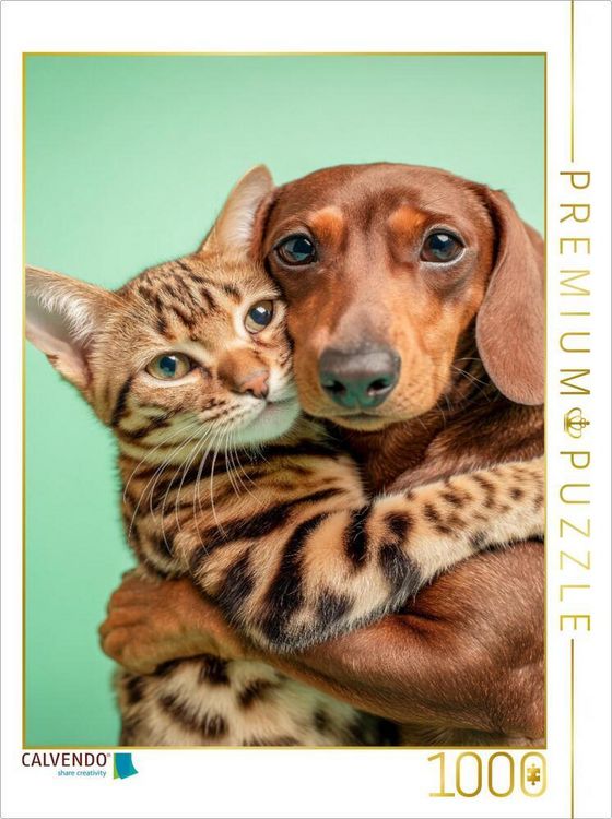 Produktbild: CALVENDO Puzzle Ein Dackel umarmt eine Bengalkatze und zeigt wahre Tierfreundschaft | 1000 Teile Lege-Gr&ouml;&szlig;e 64x48cm Foto-Puzzle f&uuml;r gl&uuml;ckliche Stunden
