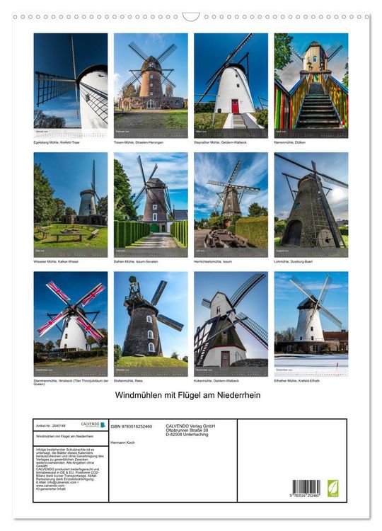 Produktbild: Windm&uuml;hlen mit Fl&uuml;gel am Niederrhein (Wandkalender 2026 DIN A2 hoch), CALVENDO Monatskalender
