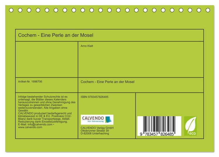 Produktbild: Cochem - Eine Perle an der Mosel (Tischkalender 2026 DIN A5 quer), CALVENDO Monatskalender