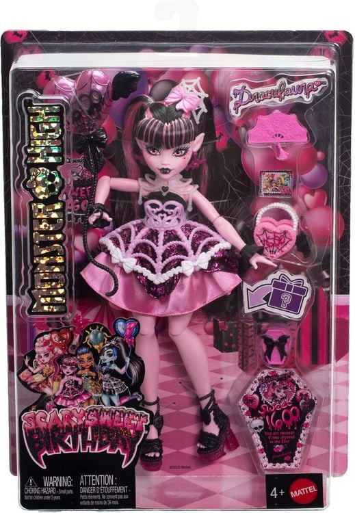 Produktbild: Monster High Scary Sweet Birthday Draculaura-Puppe im Partykleid mit Ballon und Geschenk