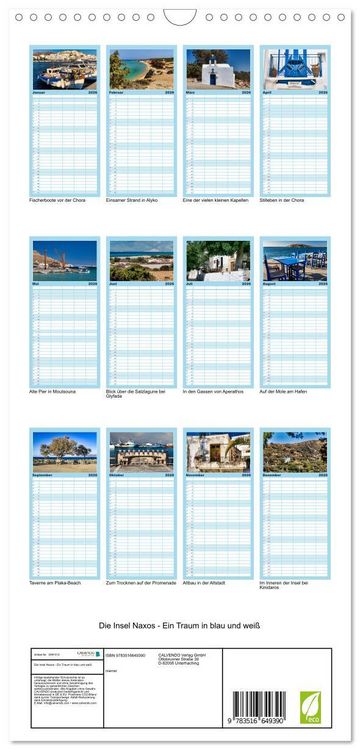 Produktbild: Familienplaner 2026 - Die Insel Naxos - Ein Traum in blau und wei&szlig; mit 5 Spalten (Wandkalender, 21 x 45 cm) CALVENDO